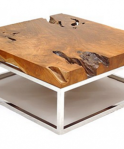 журнальный столик для офиса в стиле лофт из слэба натурального дерева