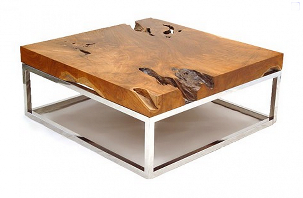 журнальный столик для офиса в стиле лофт из слэба натурального дерева